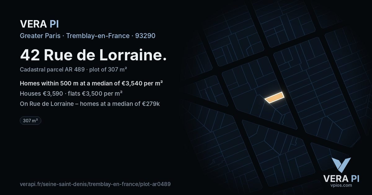 42 Rue de Lorraine, Tremblay-en-France at night – the plot lit, the parcels around coloured by the prices near them