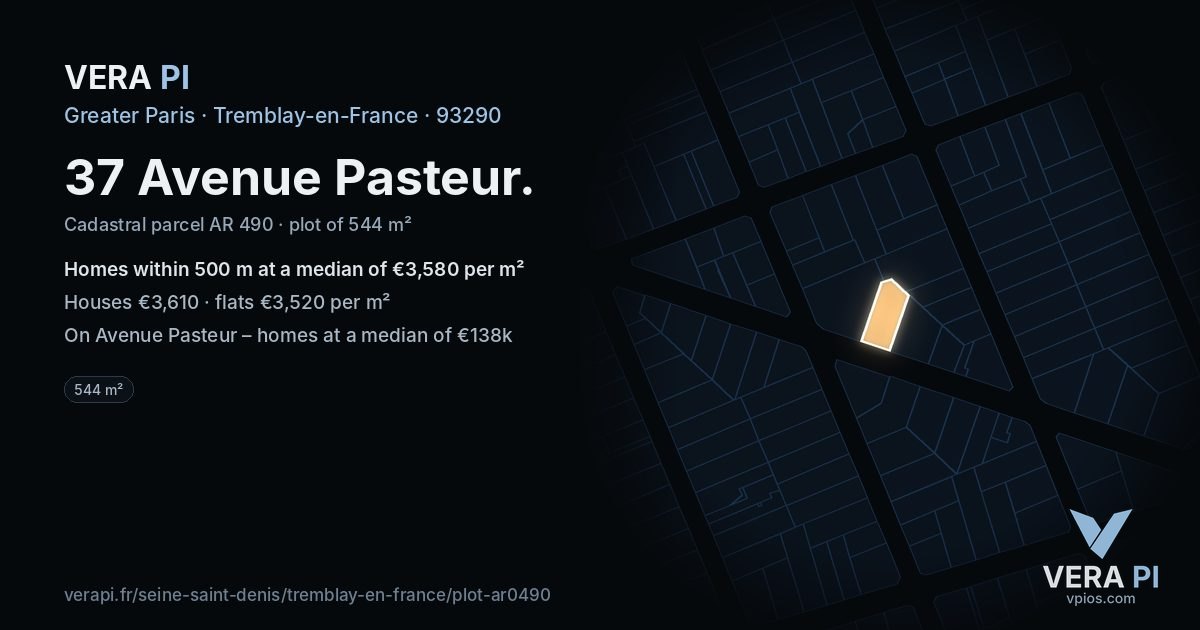 37 Avenue Pasteur, Tremblay-en-France at night – the plot lit, the parcels around coloured by the prices near them