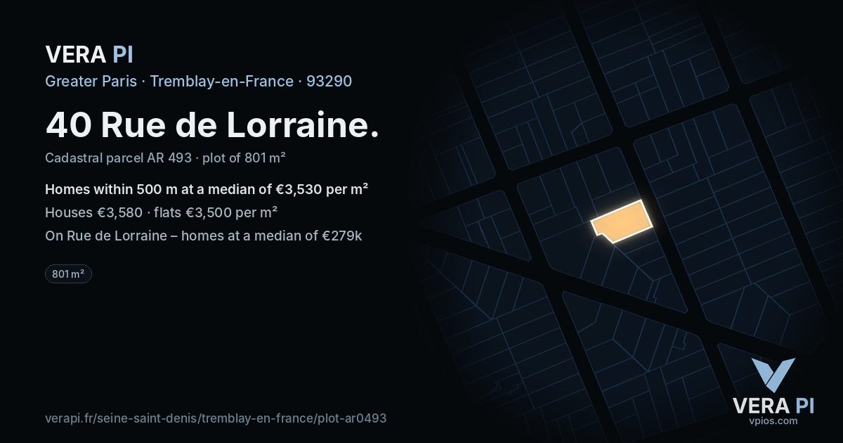 40 Rue de Lorraine, Tremblay-en-France at night – the plot lit, the parcels around coloured by the prices near them