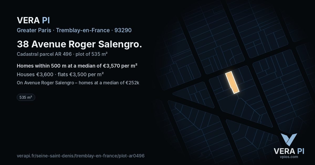 38 Avenue Roger Salengro, Tremblay-en-France at night – the plot lit, the parcels around coloured by the prices near them