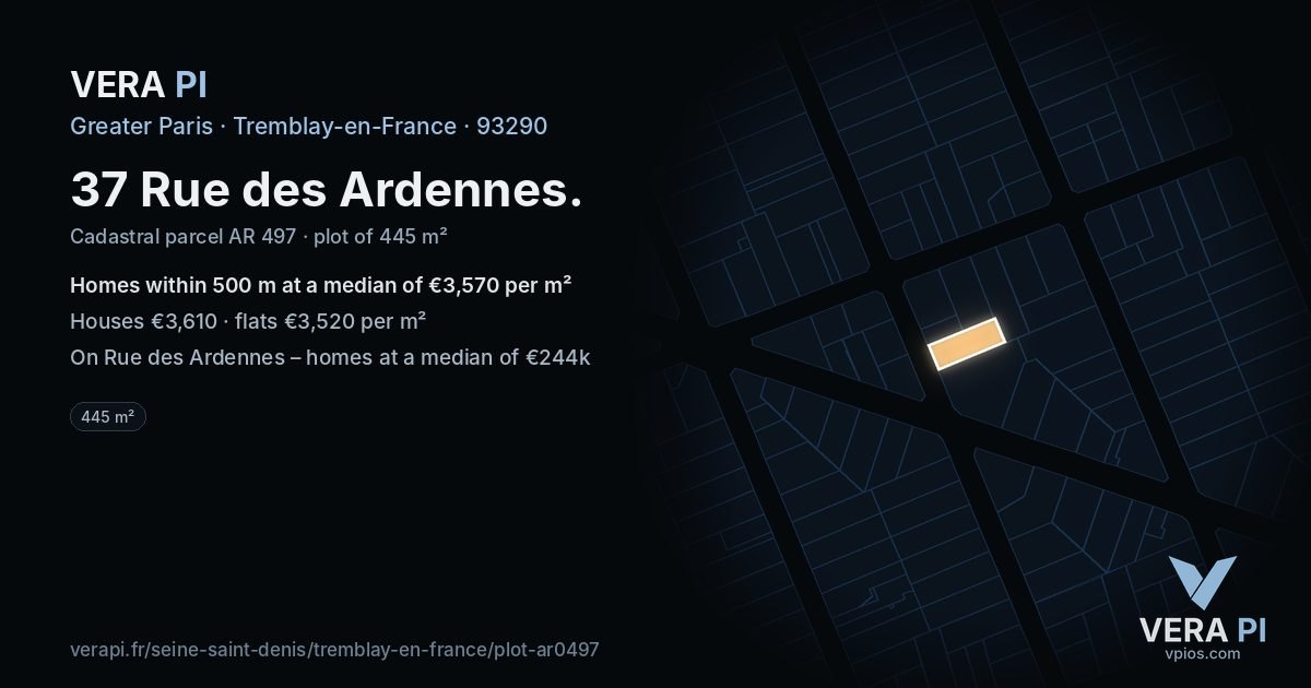 37 Rue des Ardennes, Tremblay-en-France at night – the plot lit, the parcels around coloured by the prices near them