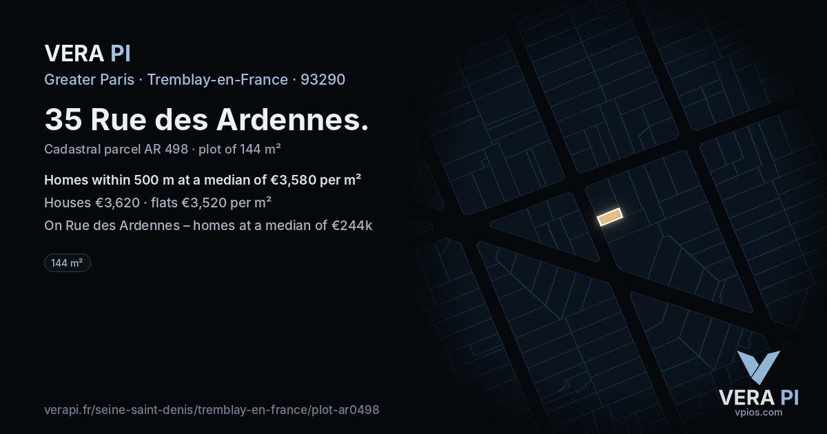 35 Rue des Ardennes, Tremblay-en-France at night – the plot lit, the parcels around coloured by the prices near them