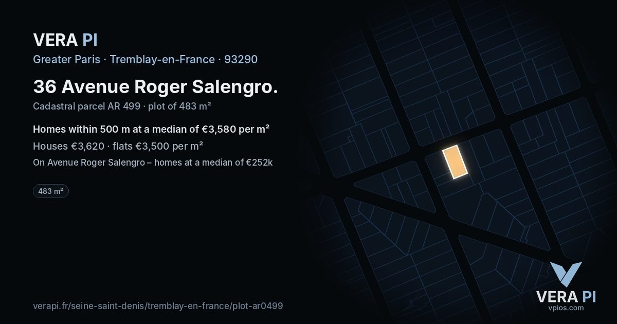 36 Avenue Roger Salengro, Tremblay-en-France at night – the plot lit, the parcels around coloured by the prices near them