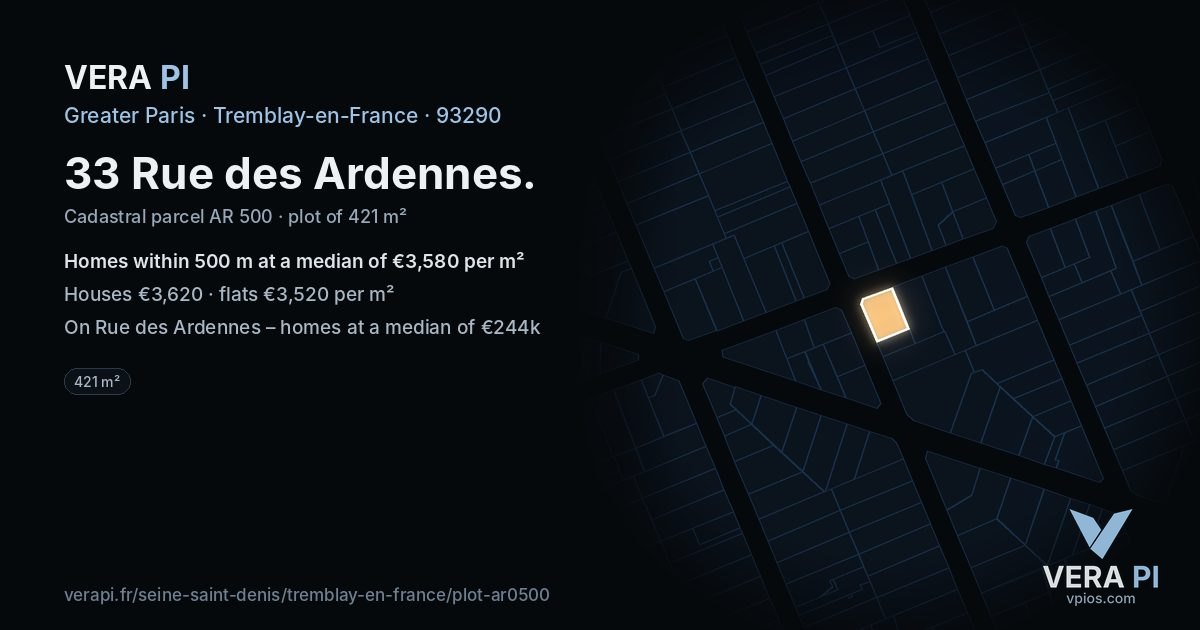 33 Rue des Ardennes, Tremblay-en-France at night – the plot lit, the parcels around coloured by the prices near them