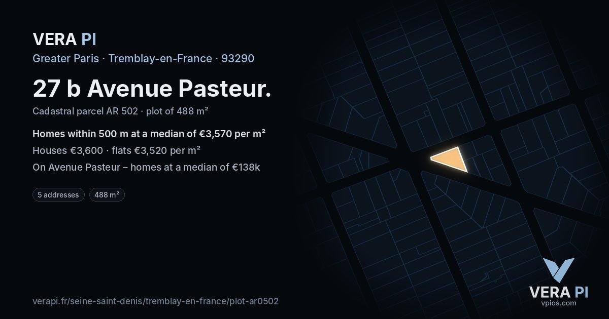 27 b Avenue Pasteur, Tremblay-en-France at night – the plot lit, the parcels around coloured by the prices near them