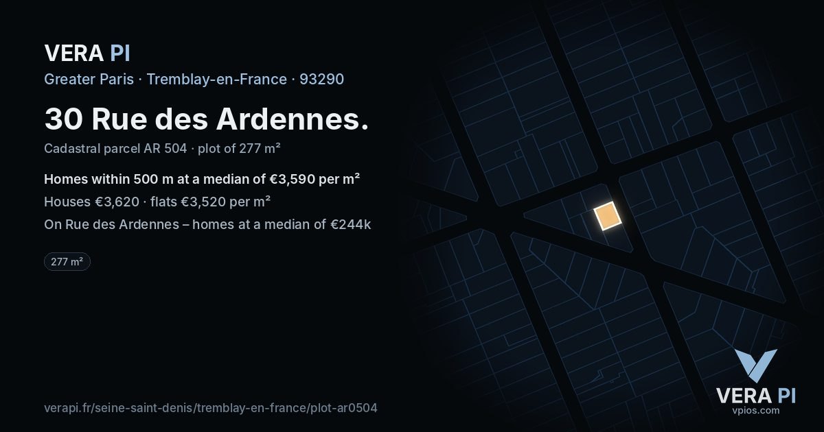 30 Rue des Ardennes, Tremblay-en-France at night – the plot lit, the parcels around coloured by the prices near them