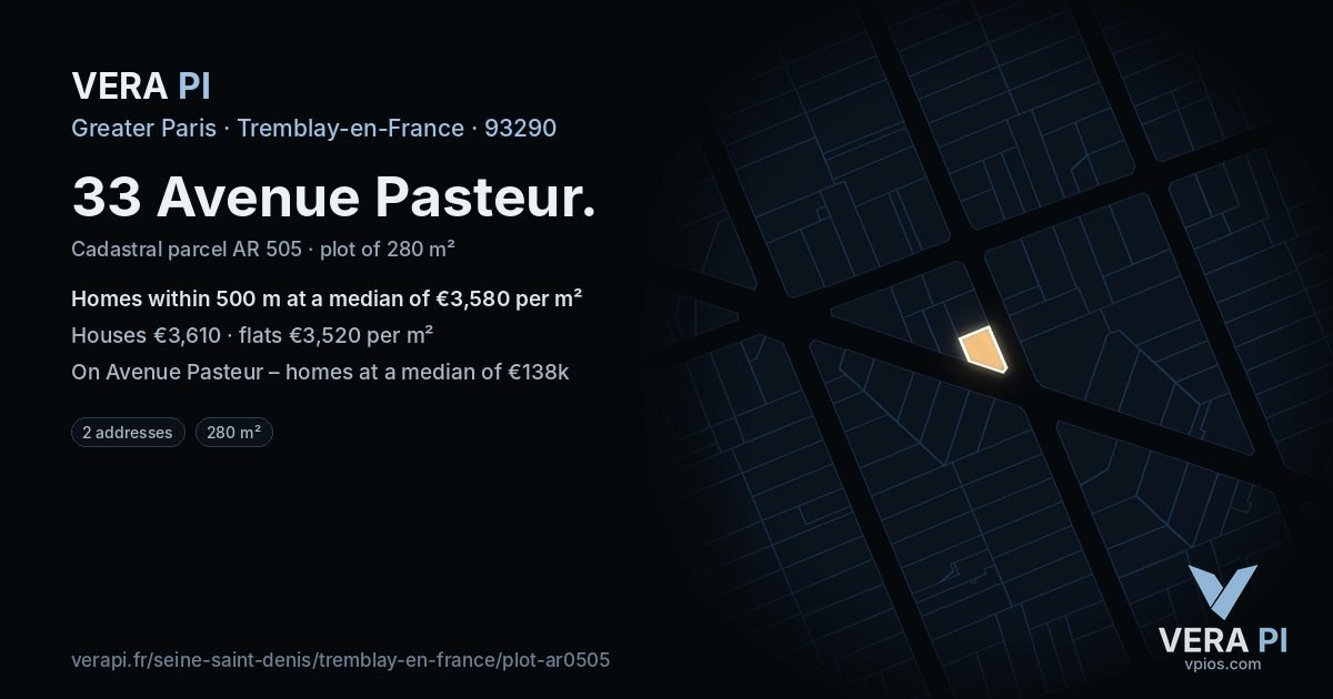 33 Avenue Pasteur, Tremblay-en-France at night – the plot lit, the parcels around coloured by the prices near them