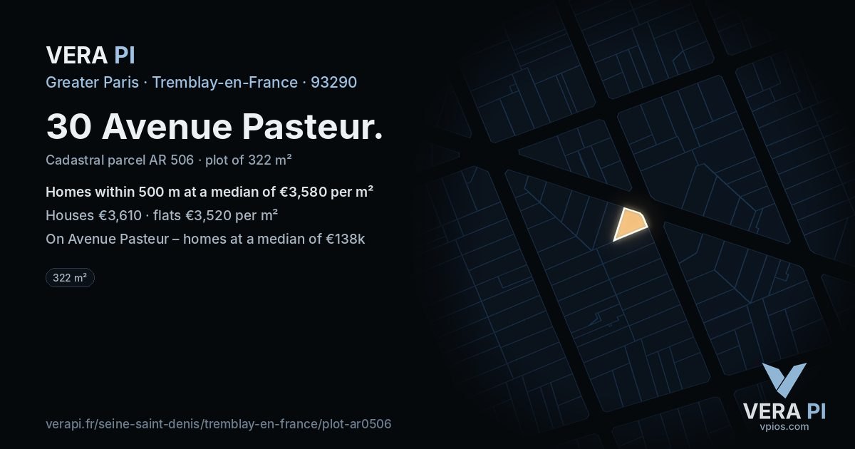 30 Avenue Pasteur, Tremblay-en-France at night – the plot lit, the parcels around coloured by the prices near them