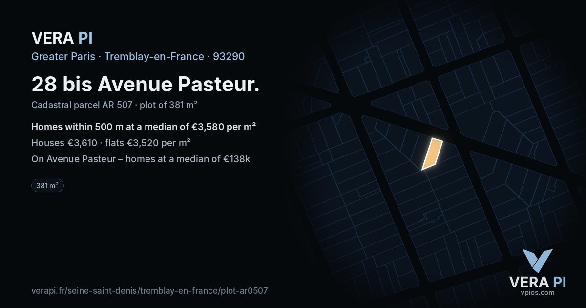 28 bis Avenue Pasteur, Tremblay-en-France at night – the plot lit, the parcels around coloured by the prices near them