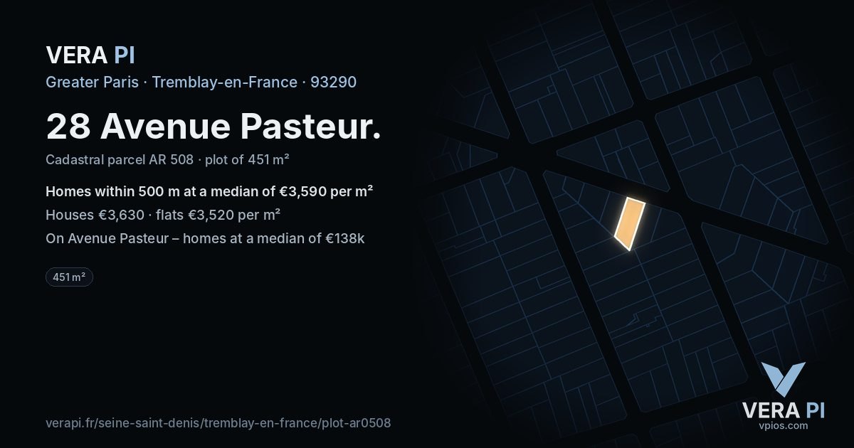 28 Avenue Pasteur, Tremblay-en-France at night – the plot lit, the parcels around coloured by the prices near them