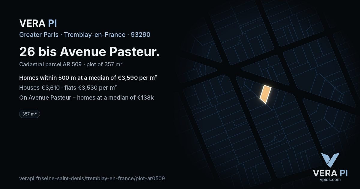 26 bis Avenue Pasteur, Tremblay-en-France at night – the plot lit, the parcels around coloured by the prices near them