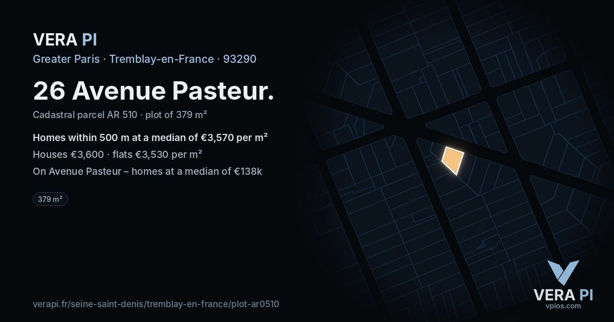 26 Avenue Pasteur, Tremblay-en-France at night – the plot lit, the parcels around coloured by the prices near them