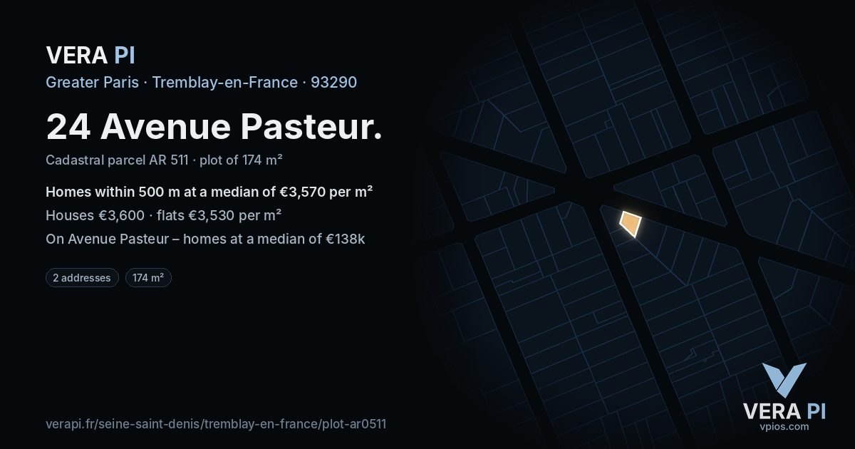 24 Avenue Pasteur, Tremblay-en-France at night – the plot lit, the parcels around coloured by the prices near them