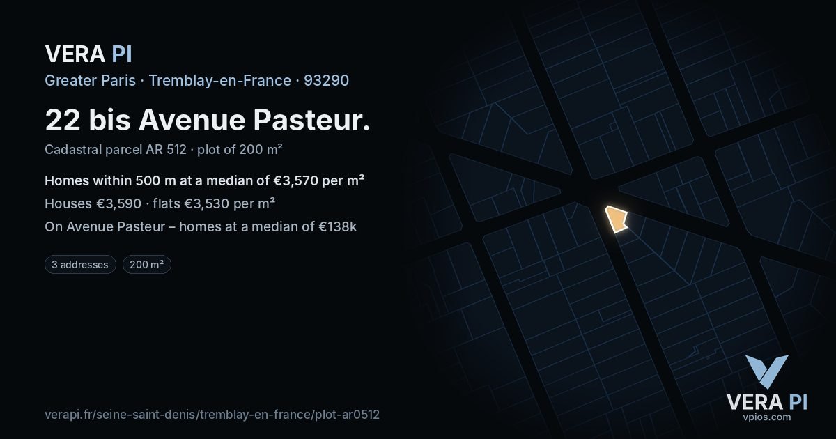 22 bis Avenue Pasteur, Tremblay-en-France at night – the plot lit, the parcels around coloured by the prices near them