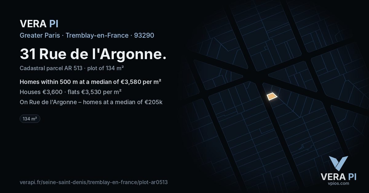 31 Rue de l'Argonne, Tremblay-en-France at night – the plot lit, the parcels around coloured by the prices near them