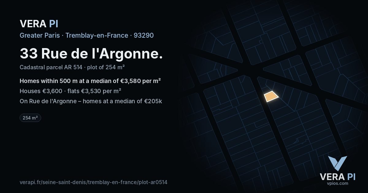 33 Rue de l'Argonne, Tremblay-en-France at night – the plot lit, the parcels around coloured by the prices near them