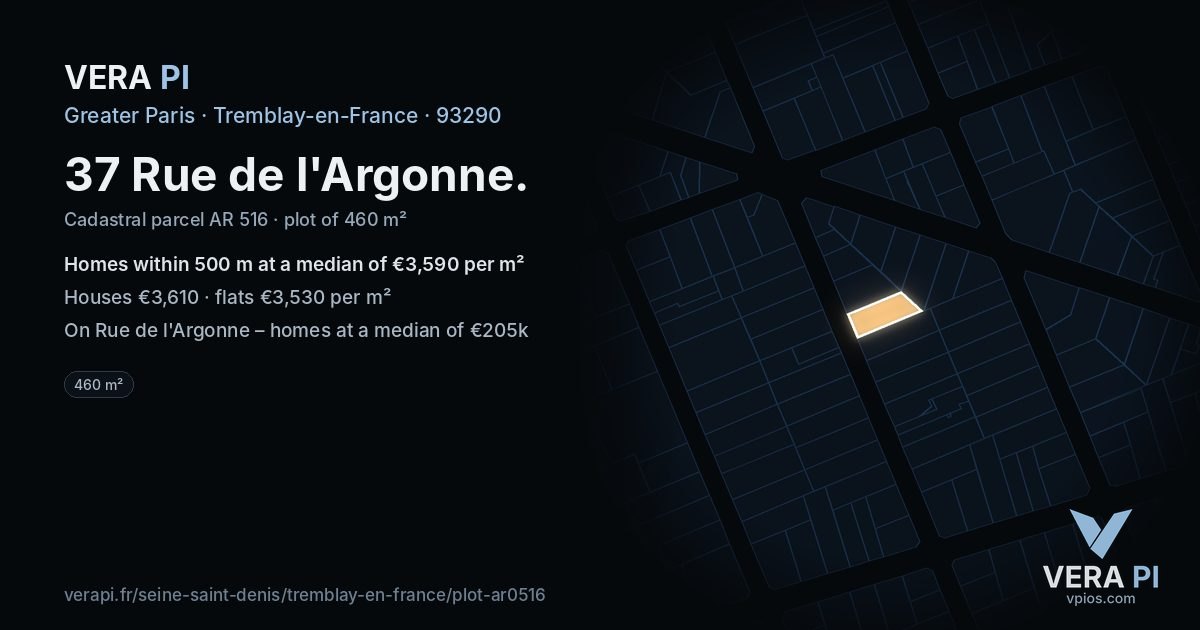 37 Rue de l'Argonne, Tremblay-en-France at night – the plot lit, the parcels around coloured by the prices near them