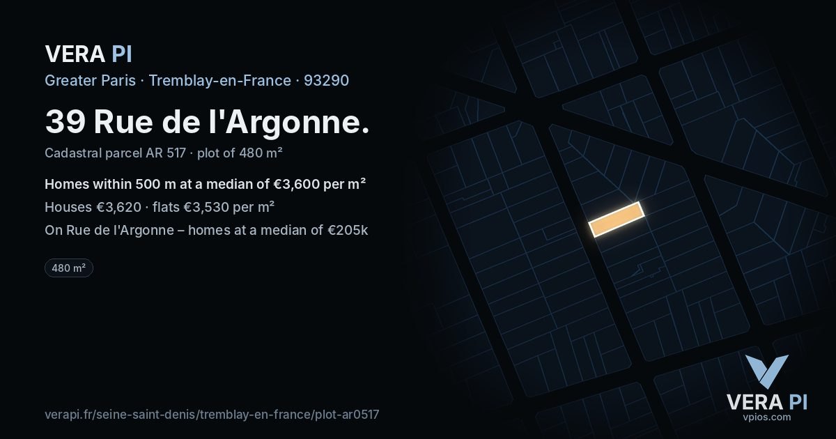 39 Rue de l'Argonne, Tremblay-en-France at night – the plot lit, the parcels around coloured by the prices near them
