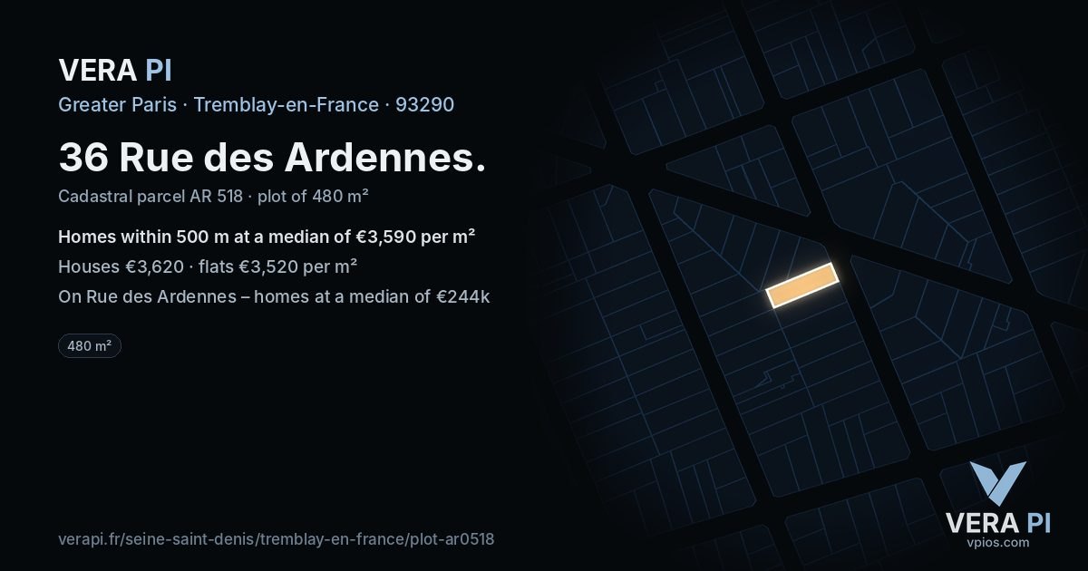 36 Rue des Ardennes, Tremblay-en-France at night – the plot lit, the parcels around coloured by the prices near them