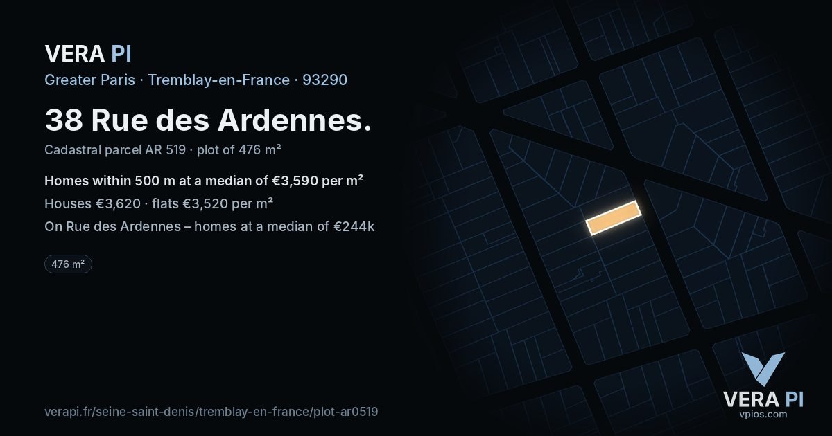 38 Rue des Ardennes, Tremblay-en-France at night – the plot lit, the parcels around coloured by the prices near them