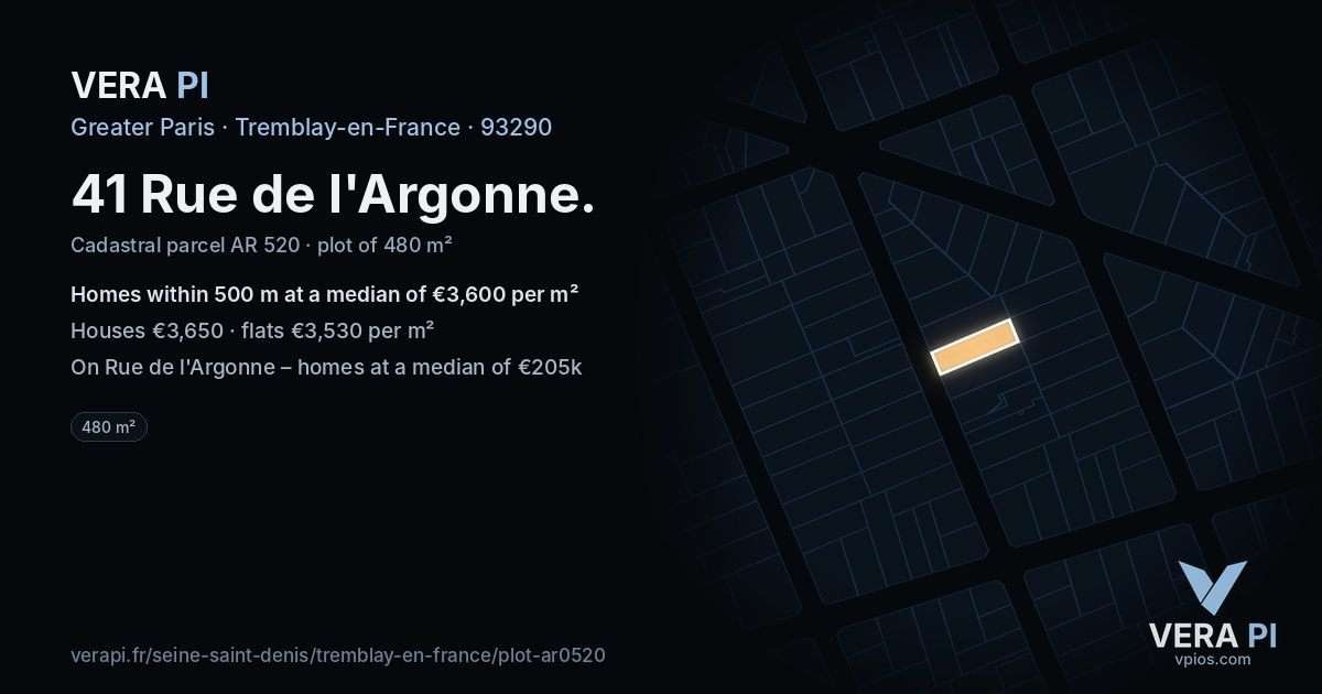 41 Rue de l'Argonne, Tremblay-en-France at night – the plot lit, the parcels around coloured by the prices near them