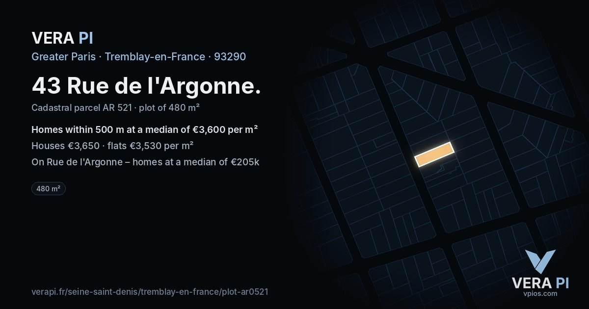 43 Rue de l'Argonne, Tremblay-en-France at night – the plot lit, the parcels around coloured by the prices near them