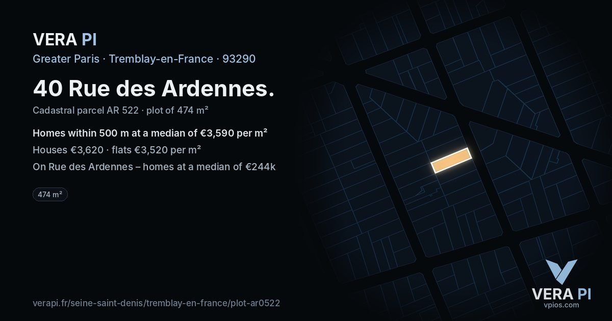 40 Rue des Ardennes, Tremblay-en-France at night – the plot lit, the parcels around coloured by the prices near them