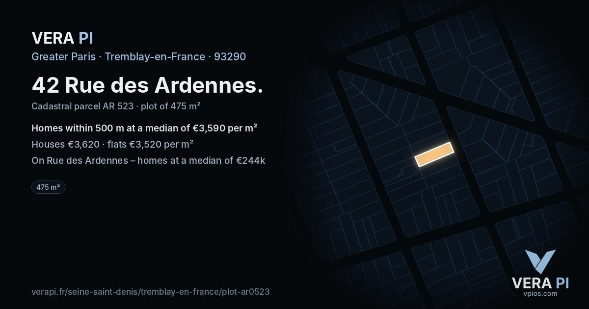 42 Rue des Ardennes, Tremblay-en-France at night – the plot lit, the parcels around coloured by the prices near them