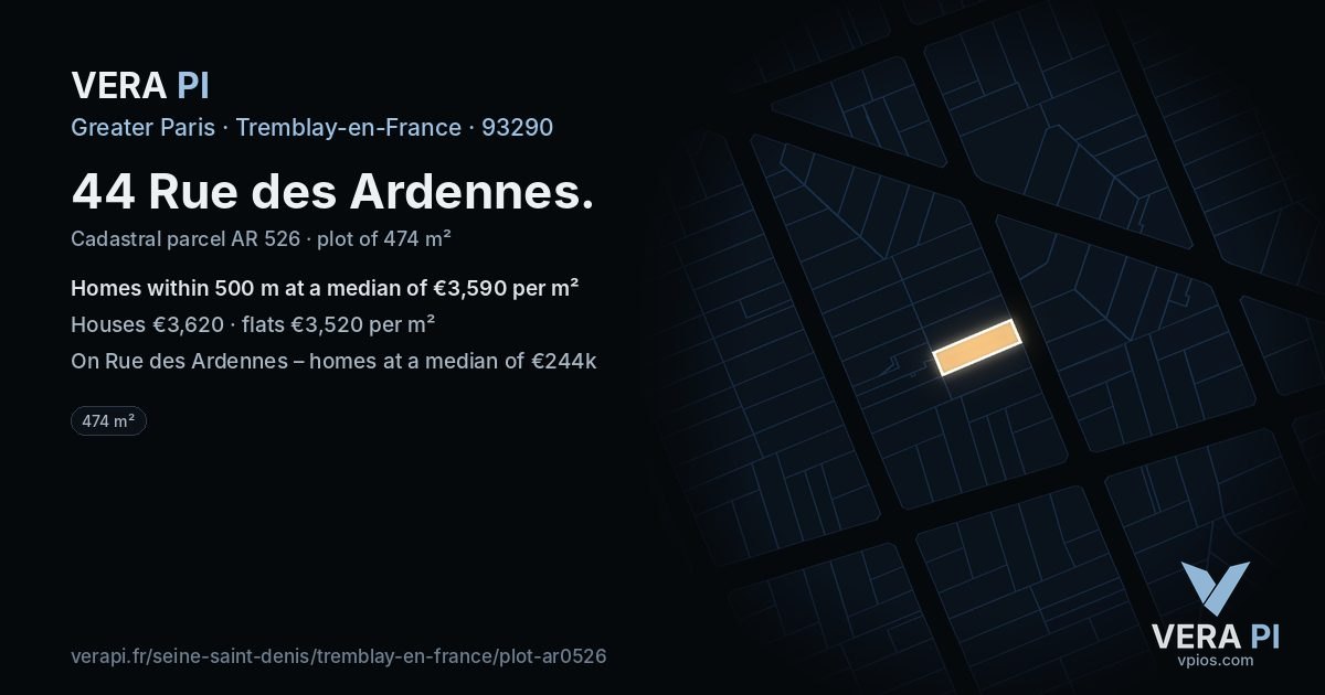 44 Rue des Ardennes, Tremblay-en-France at night – the plot lit, the parcels around coloured by the prices near them