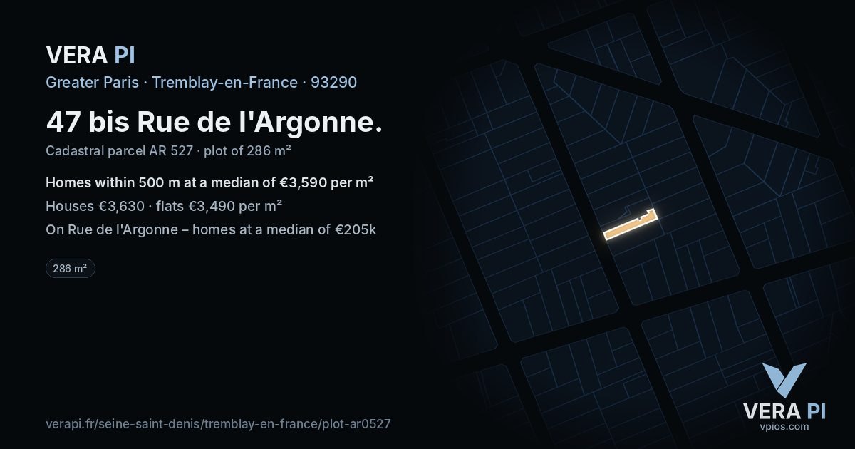 47 bis Rue de l'Argonne, Tremblay-en-France at night – the plot lit, the parcels around coloured by the prices near them