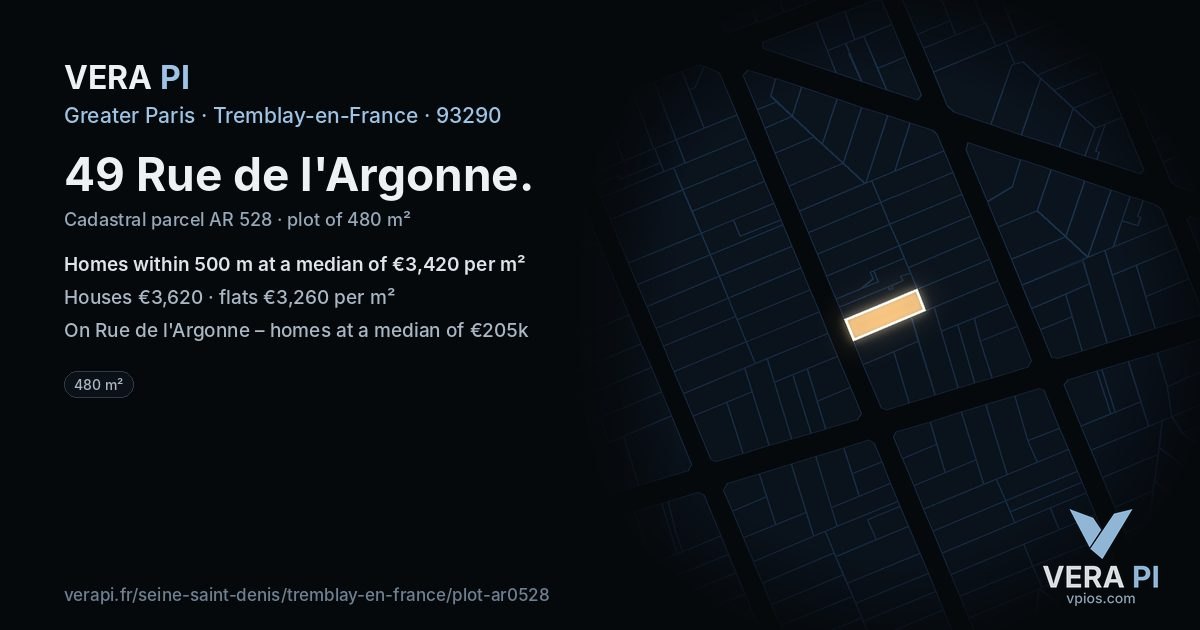 49 Rue de l'Argonne, Tremblay-en-France at night – the plot lit, the parcels around coloured by the prices near them
