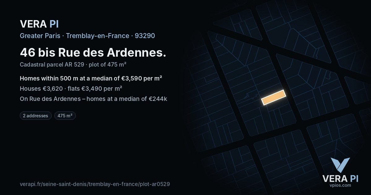 46 bis Rue des Ardennes, Tremblay-en-France at night – the plot lit, the parcels around coloured by the prices near them