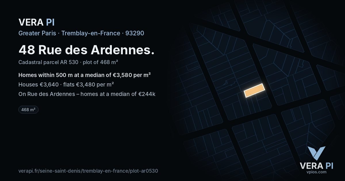 48 Rue des Ardennes, Tremblay-en-France at night – the plot lit, the parcels around coloured by the prices near them
