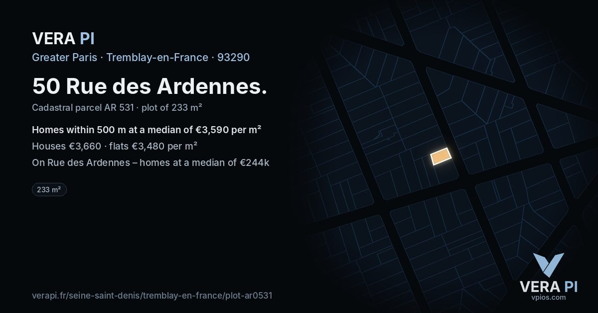 50 Rue des Ardennes, Tremblay-en-France at night – the plot lit, the parcels around coloured by the prices near them