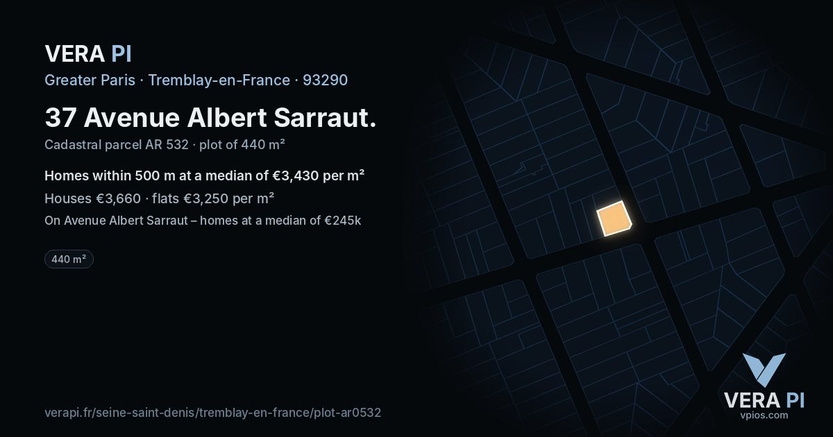 37 Avenue Albert Sarraut, Tremblay-en-France at night – the plot lit, the parcels around coloured by the prices near them