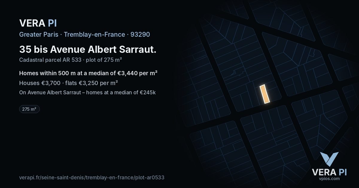 35 bis Avenue Albert Sarraut, Tremblay-en-France at night – the plot lit, the parcels around coloured by the prices near them