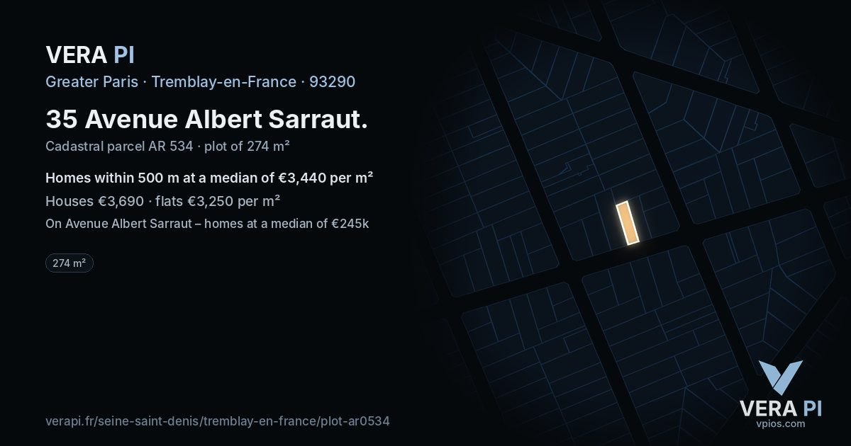 35 Avenue Albert Sarraut, Tremblay-en-France at night – the plot lit, the parcels around coloured by the prices near them