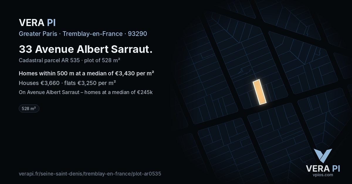 33 Avenue Albert Sarraut, Tremblay-en-France at night – the plot lit, the parcels around coloured by the prices near them