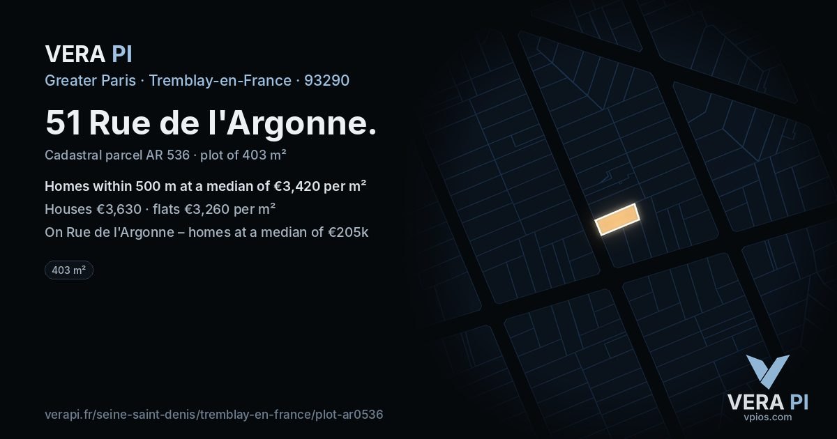 51 Rue de l'Argonne, Tremblay-en-France at night – the plot lit, the parcels around coloured by the prices near them