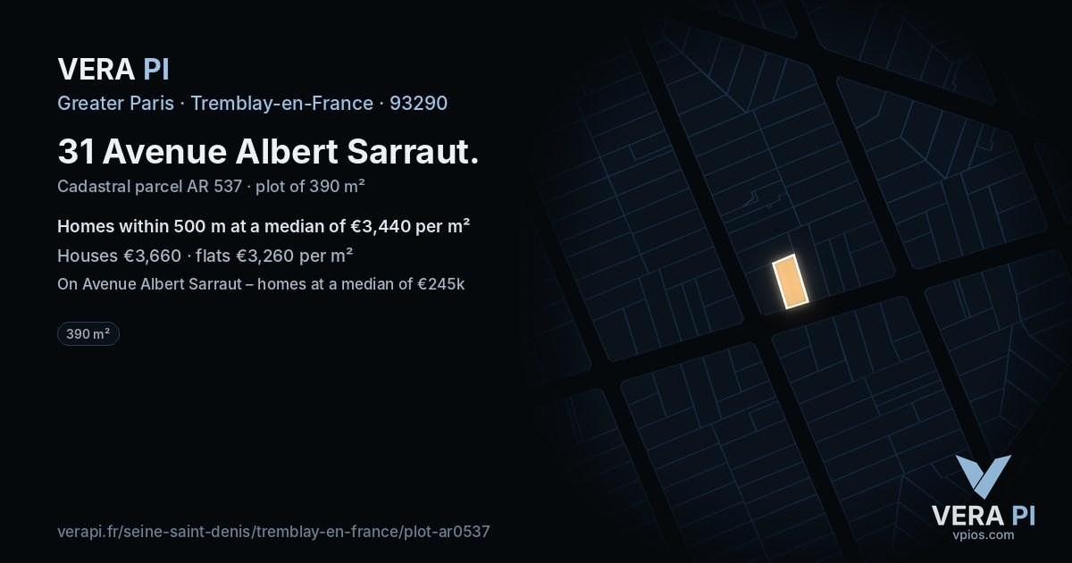 31 Avenue Albert Sarraut, Tremblay-en-France at night – the plot lit, the parcels around coloured by the prices near them
