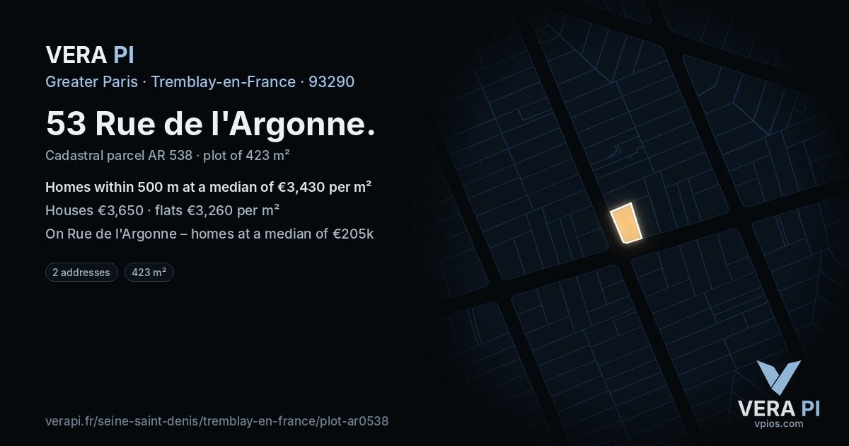 53 Rue de l'Argonne, Tremblay-en-France at night – the plot lit, the parcels around coloured by the prices near them