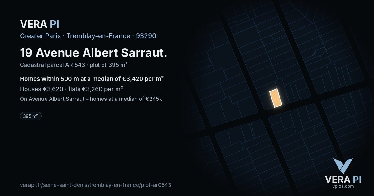 19 Avenue Albert Sarraut, Tremblay-en-France at night – the plot lit, the parcels around coloured by the prices near them