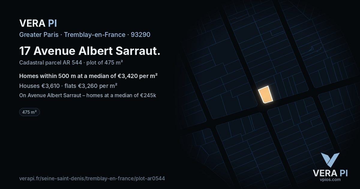 17 Avenue Albert Sarraut, Tremblay-en-France at night – the plot lit, the parcels around coloured by the prices near them