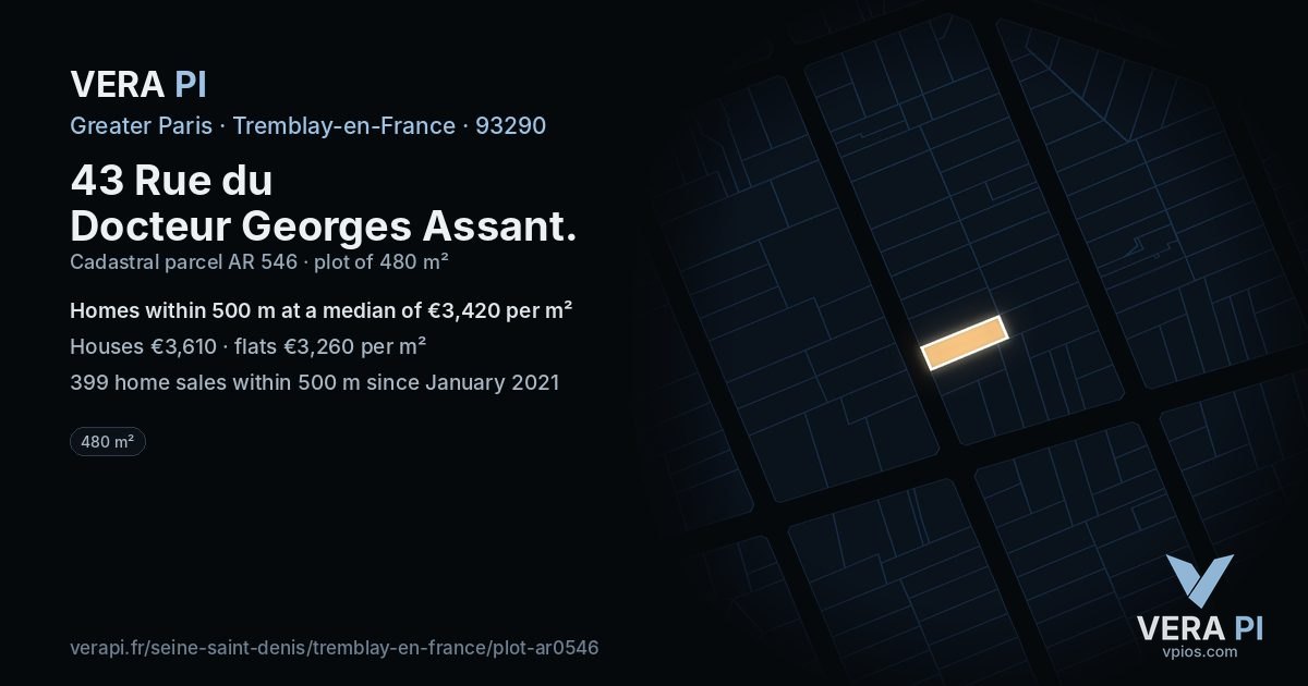 43 Rue du Docteur Georges Assant, Tremblay-en-France at night – the plot lit, the parcels around coloured by the prices near them