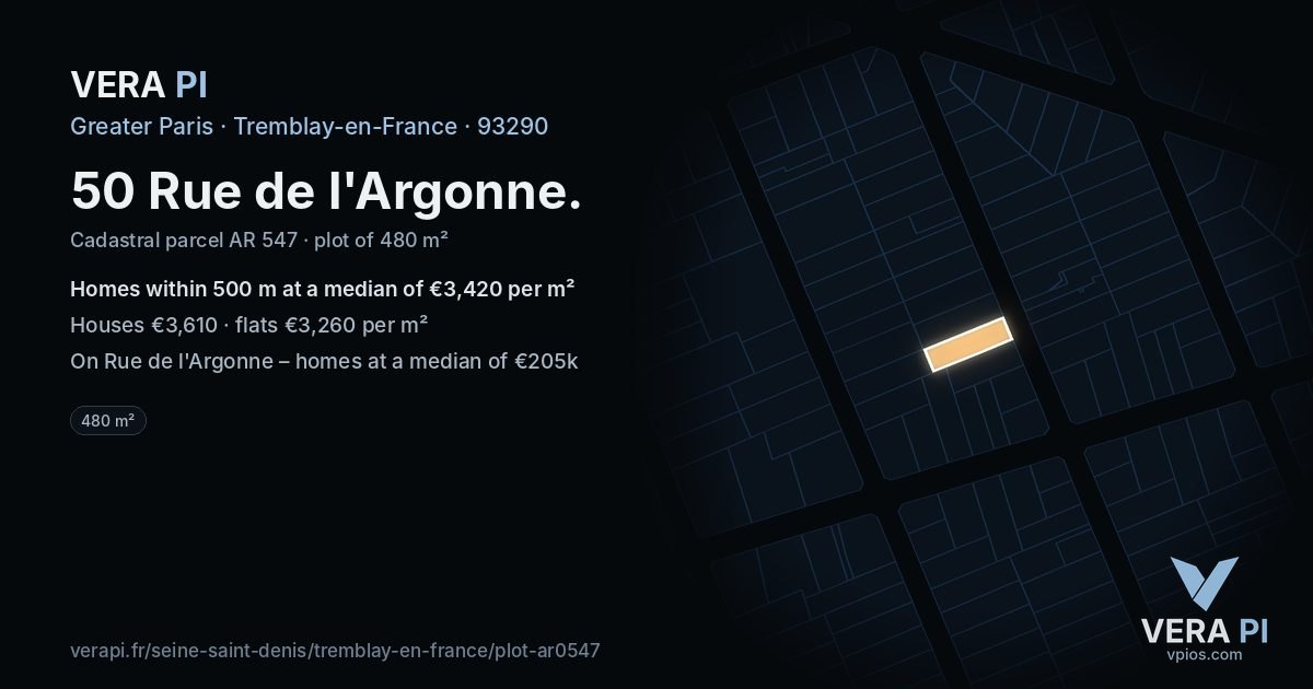 50 Rue de l'Argonne, Tremblay-en-France at night – the plot lit, the parcels around coloured by the prices near them