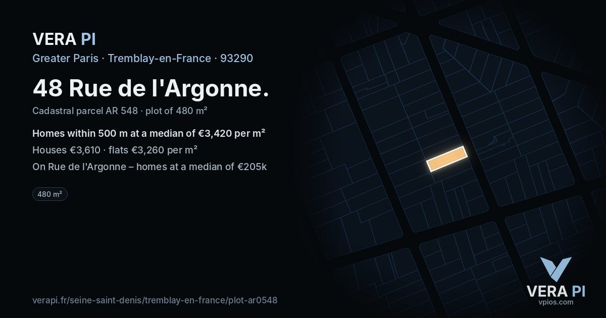 48 Rue de l'Argonne, Tremblay-en-France at night – the plot lit, the parcels around coloured by the prices near them