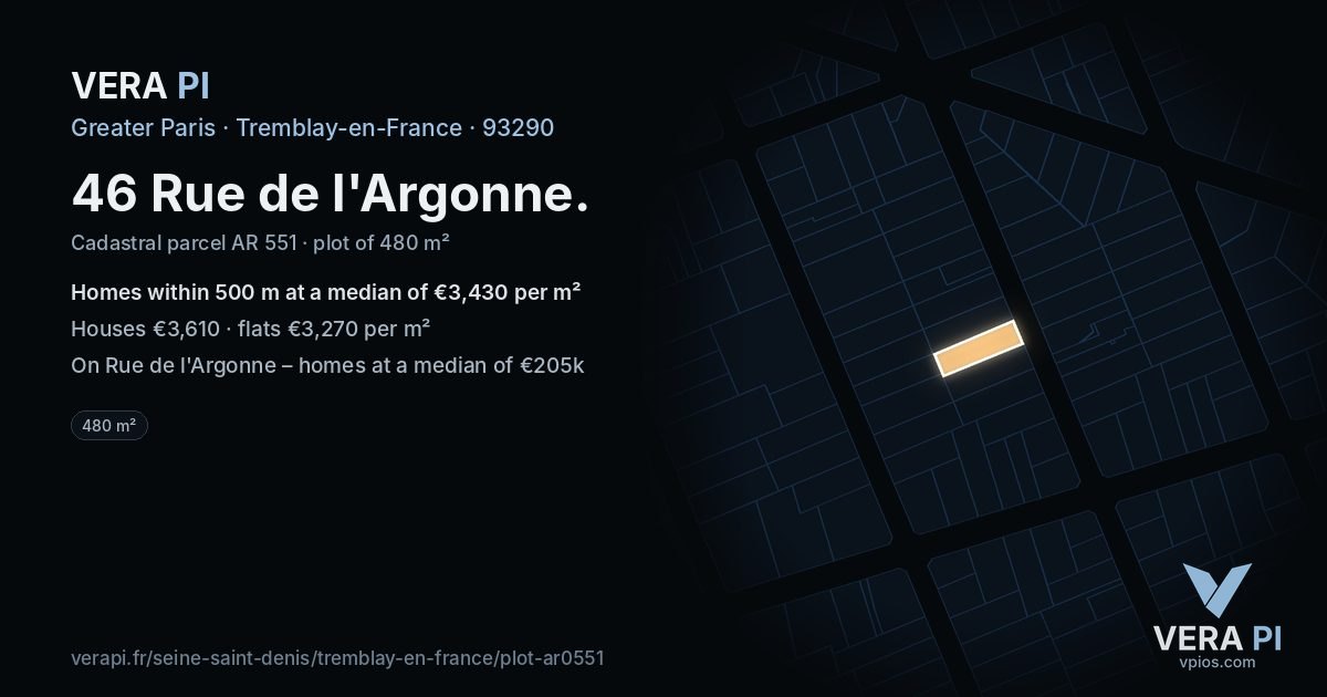 46 Rue de l'Argonne, Tremblay-en-France at night – the plot lit, the parcels around coloured by the prices near them