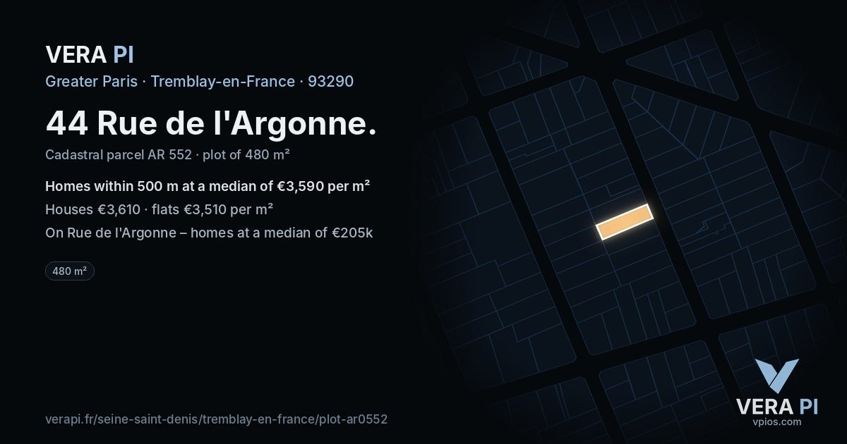 44 Rue de l'Argonne, Tremblay-en-France at night – the plot lit, the parcels around coloured by the prices near them