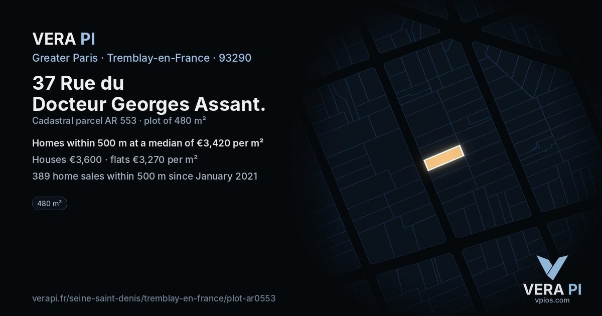 37 Rue du Docteur Georges Assant, Tremblay-en-France at night – the plot lit, the parcels around coloured by the prices near them