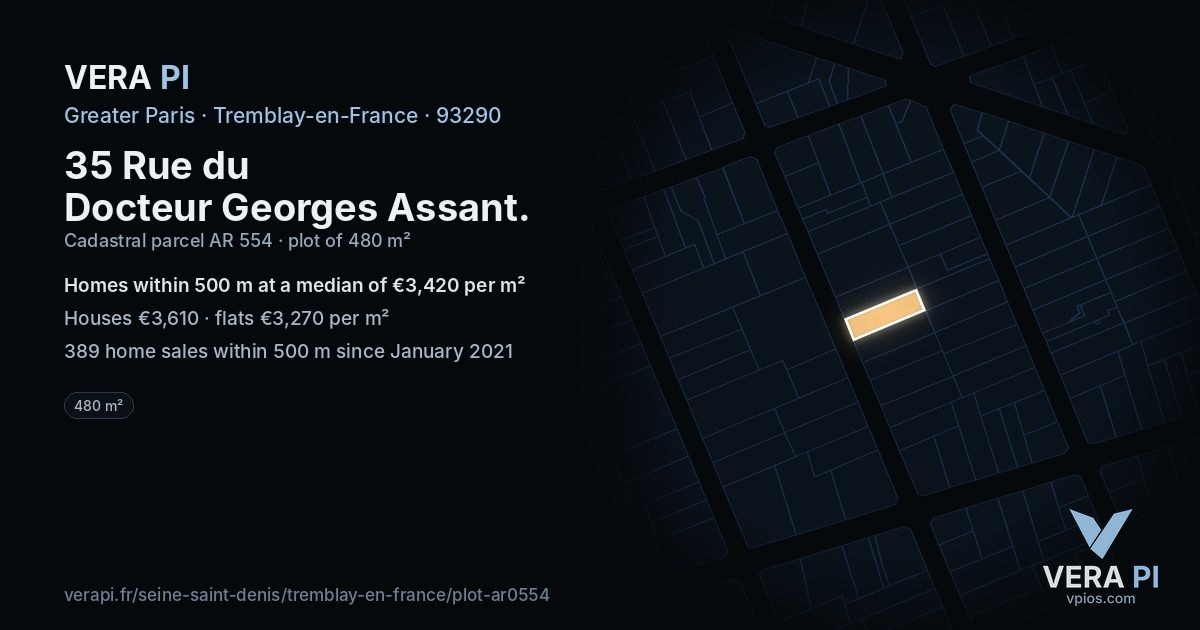 35 Rue du Docteur Georges Assant, Tremblay-en-France at night – the plot lit, the parcels around coloured by the prices near them